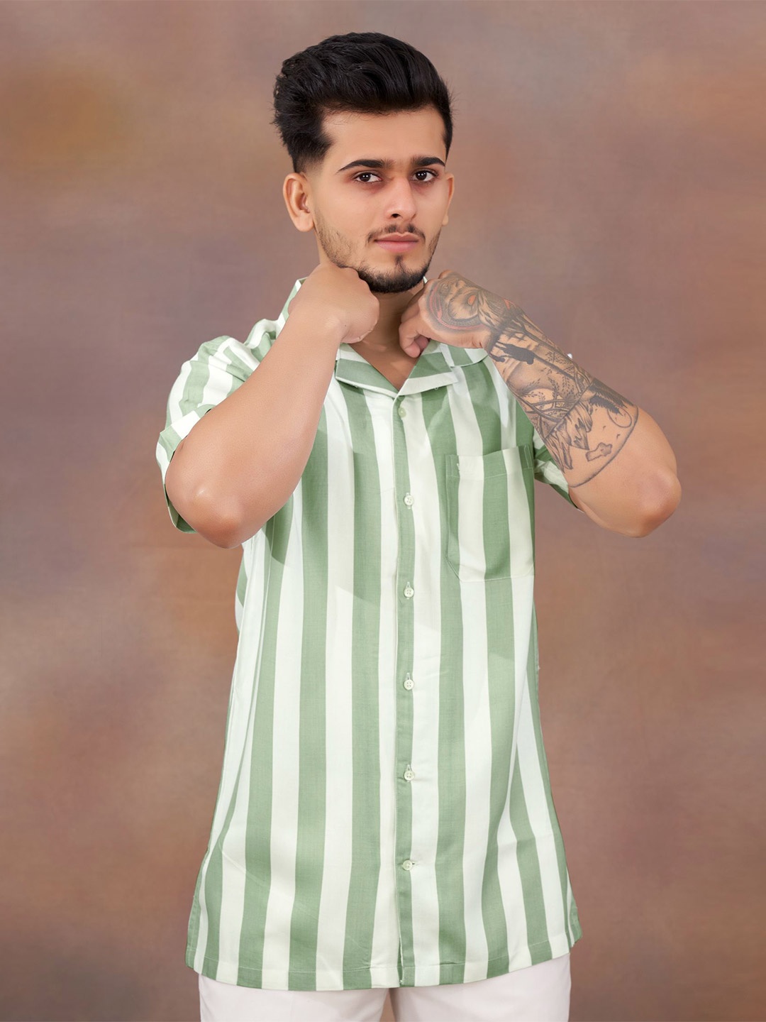

FRENCH CROWN Vertical Striped Standard Casual Cotton Shirt, Green