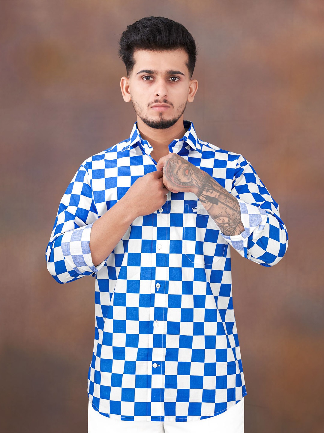 

FRENCH CROWN Checked Standard Casual Cotton Shirt, Blue