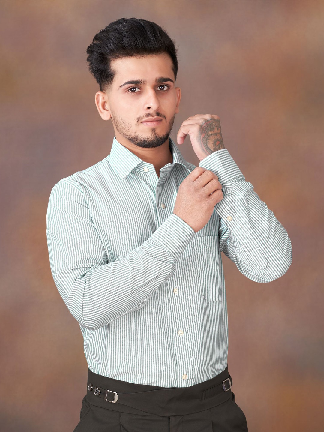 

FRENCH CROWN Standard Striped Formal Cotton Shirt, Green