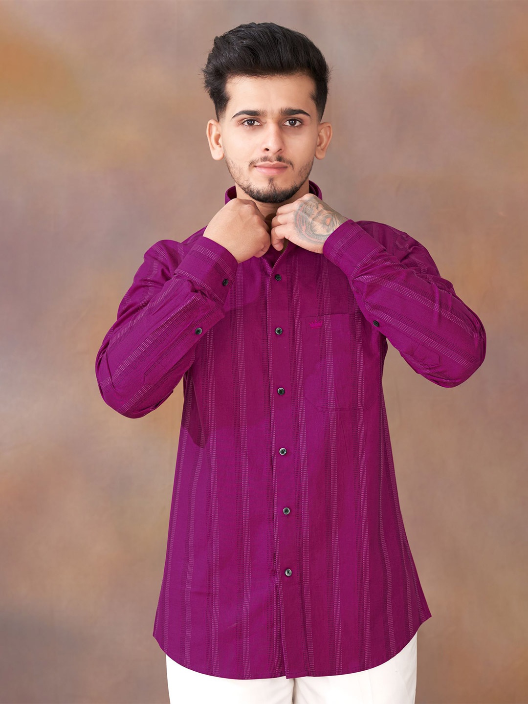 

FRENCH CROWN Standard Striped Casual Cotton Shirt, Purple