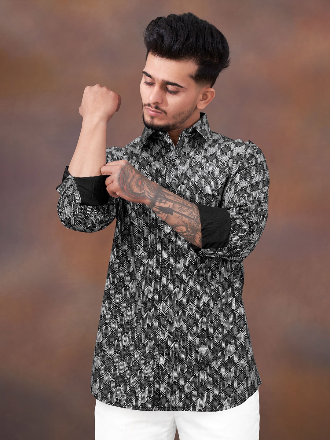 

FRENCH CROWN Standard Printed Casual Cotton Shirt, Black