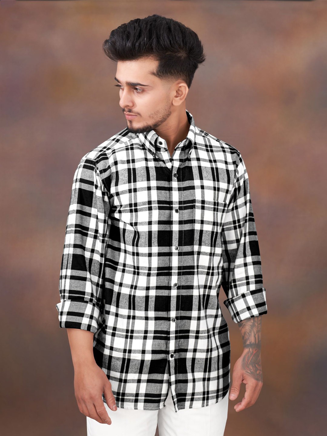 

FRENCH CROWN Standard Checked Cotton Casual Shirt, Black