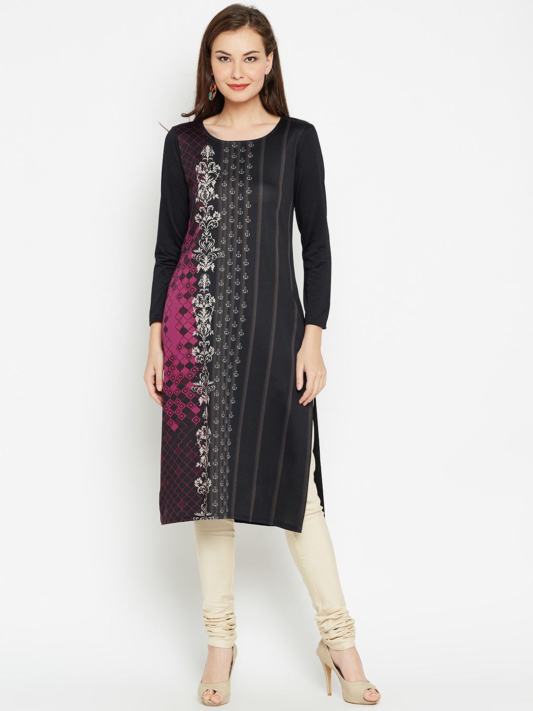 

AURELIA Women Black & Pink Printed Straight Kurta