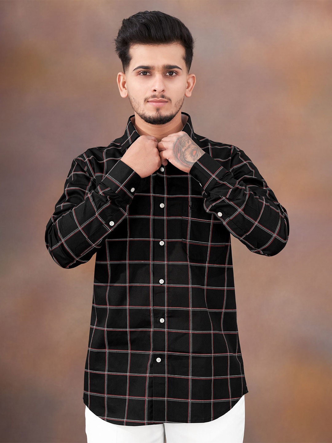 

FRENCH CROWN Standard Windowpane Checked Cotton Casual Shirt, Black