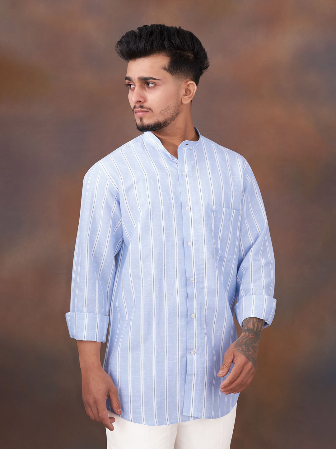 

FRENCH CROWN Standard Vertical Striped Cotton Casual Shirt, Blue