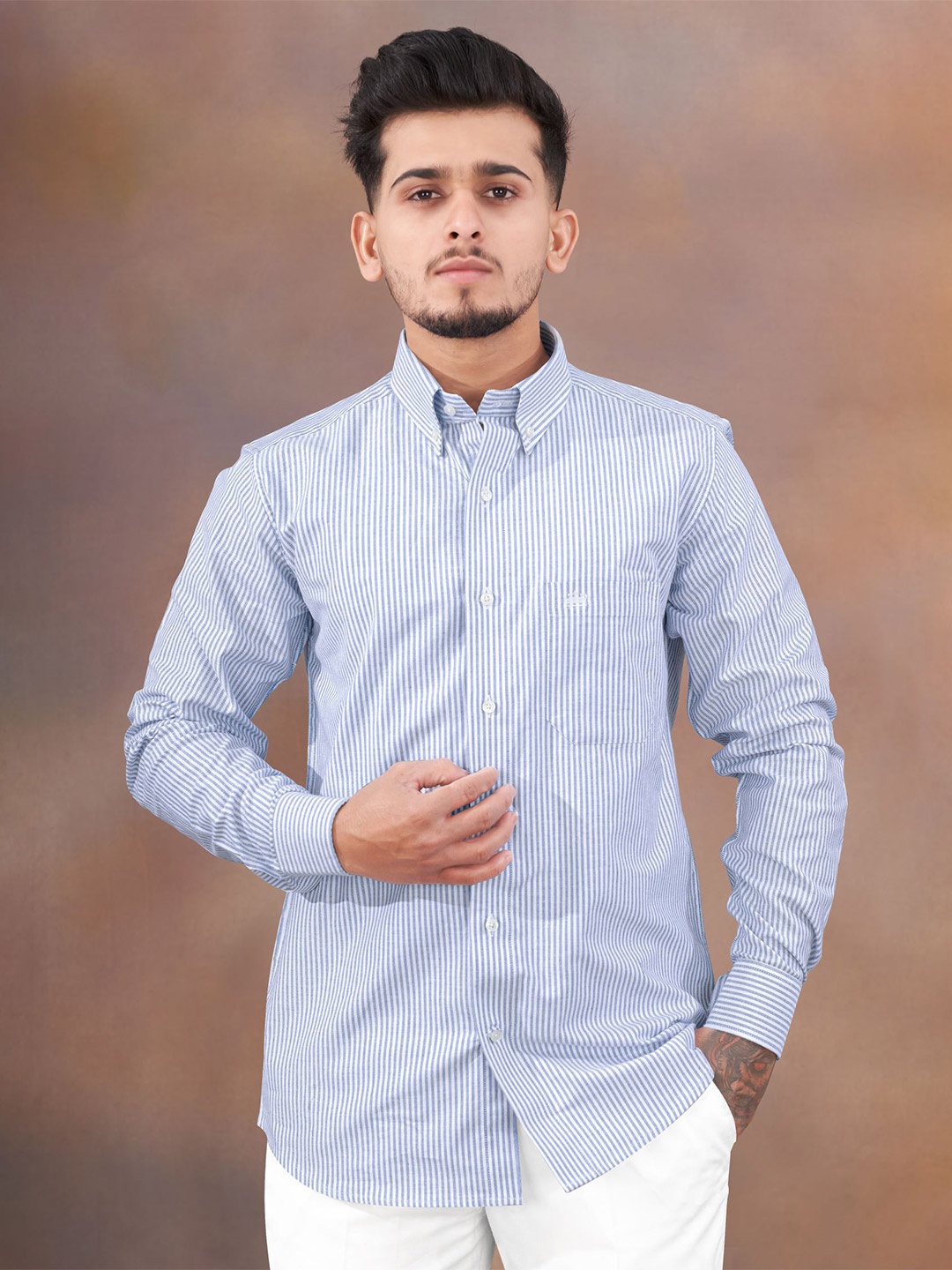 

FRENCH CROWN Standard Striped Casual Cotton Shirt, Blue