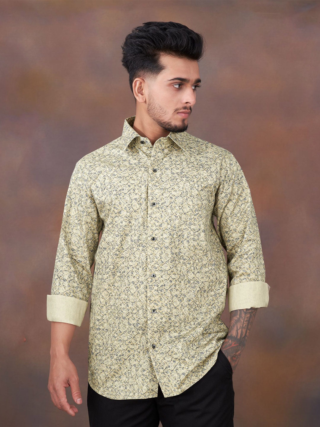 

FRENCH CROWN Standard Printed Casual Cotton Shirt, Brown
