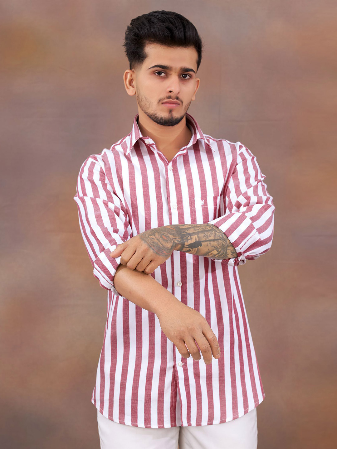 

FRENCH CROWN Vertical Striped Standard Casual Cotton Shirt, White
