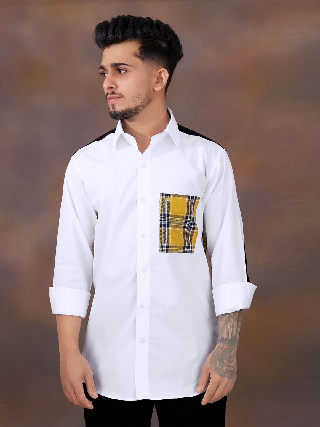 

FRENCH CROWN Tartan Checked Chest Pocket Detail Standard Casual Cotton Shirt, White
