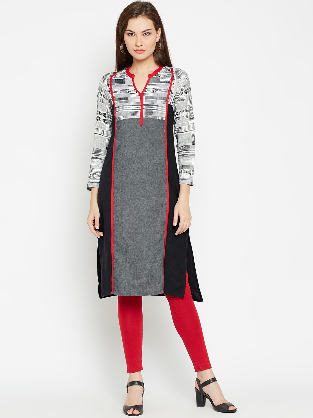

AURELIA Women Grey & Black Woven Design Straight Kurta