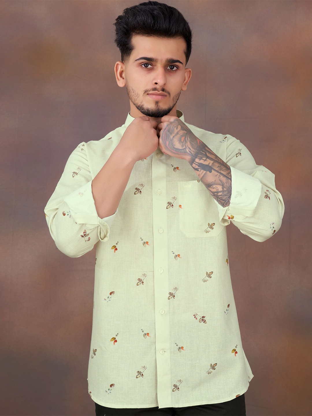 

FRENCH CROWN Long Sleeves Standard Printed Casual Cotton Shirt, Yellow