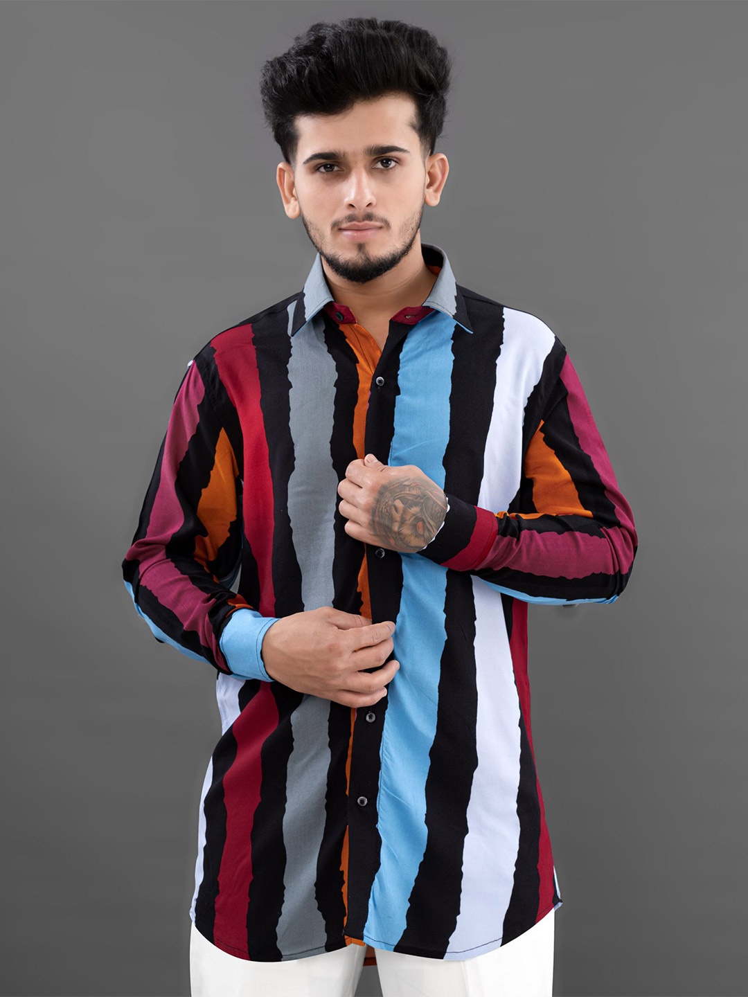 

FRENCH CROWN Men Multicoloured Standard Striped Casual Shirt, Multi