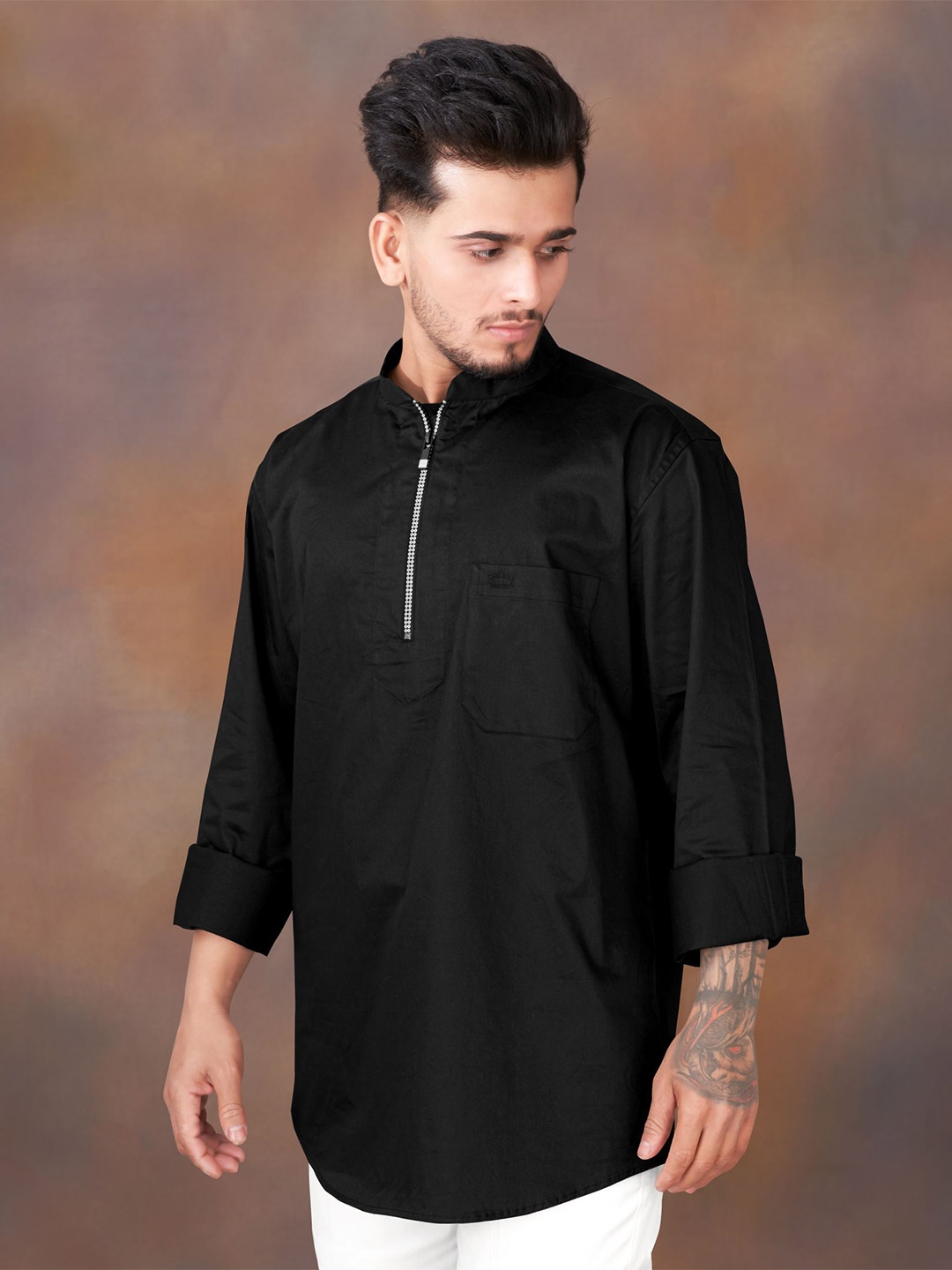 

FRENCH CROWN Twill Zipper Closure Standard Casual Cotton Shirt, Black