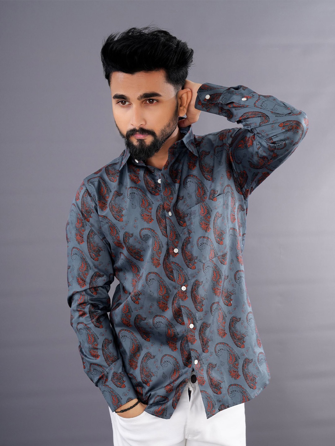 

FRENCH CROWN Standard Paisley Printed Cotton Casual Shirt, Blue
