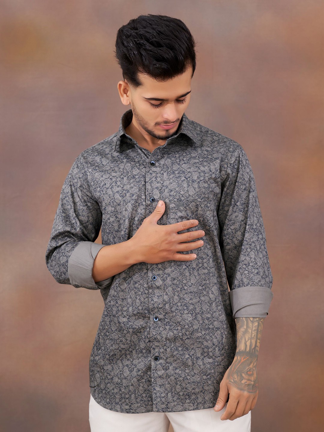 

FRENCH CROWN Abstract Printed Cotton Casual Shirt, Grey