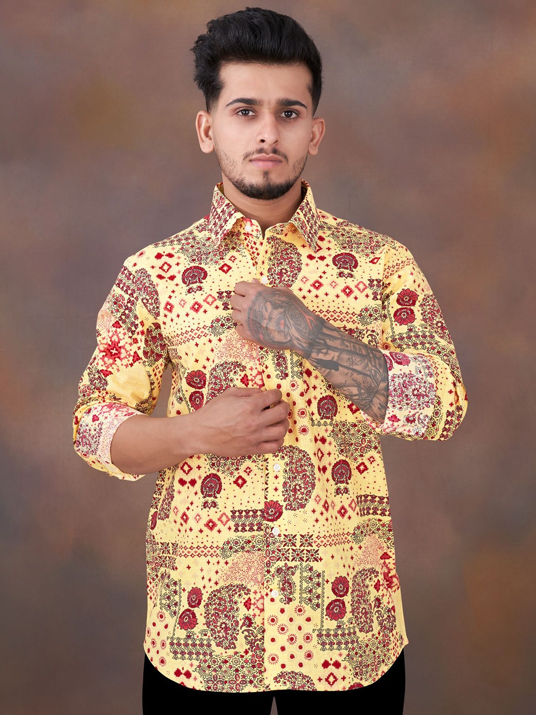 

FRENCH CROWN Printed Cotton Casual Shirt, Yellow