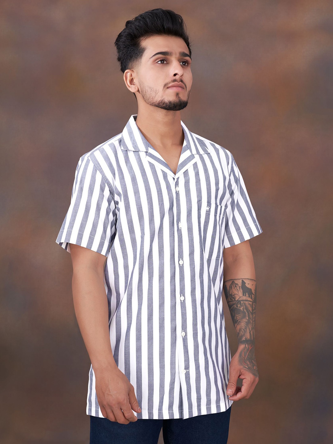 

FRENCH CROWN Striped Cotton Casual Shirt, White