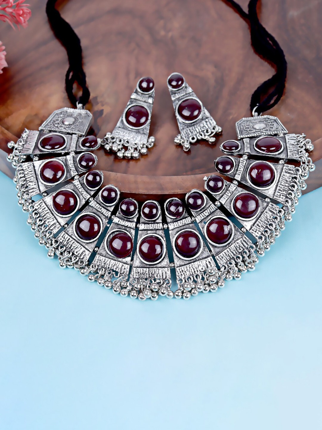 

Krelin Silver-Plated Stones-Studded Oxidised Jewellery Set, Maroon