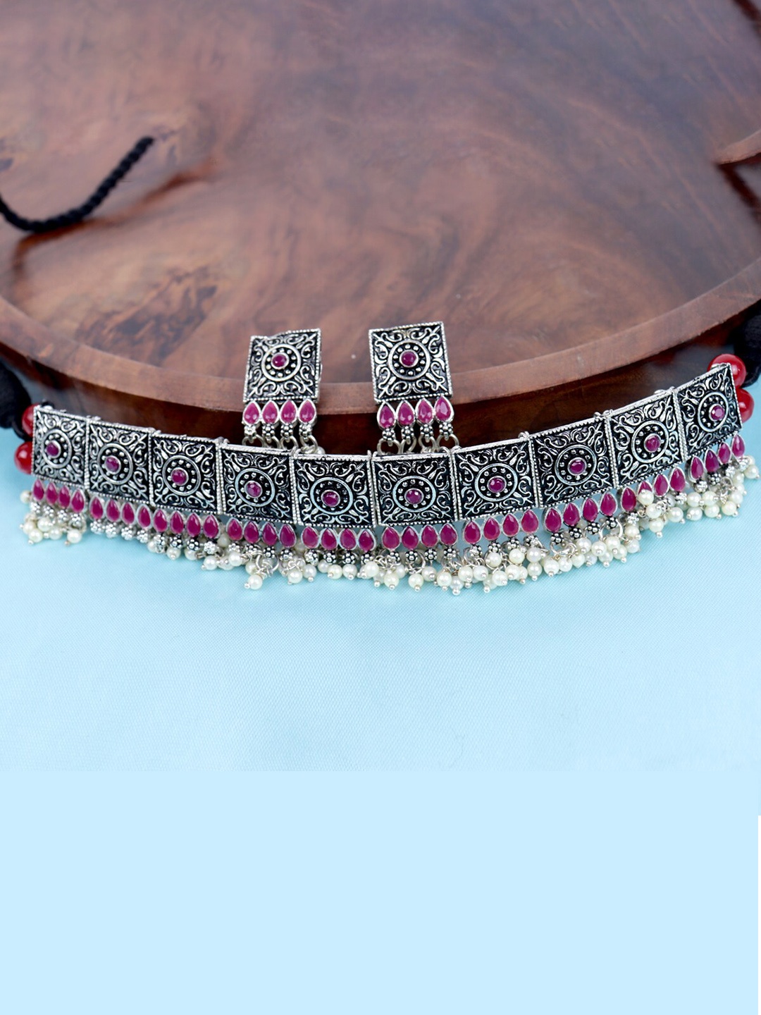 

Krelin Sliver-Plated Stone Studded & Beaded Jewellery Set, Pink