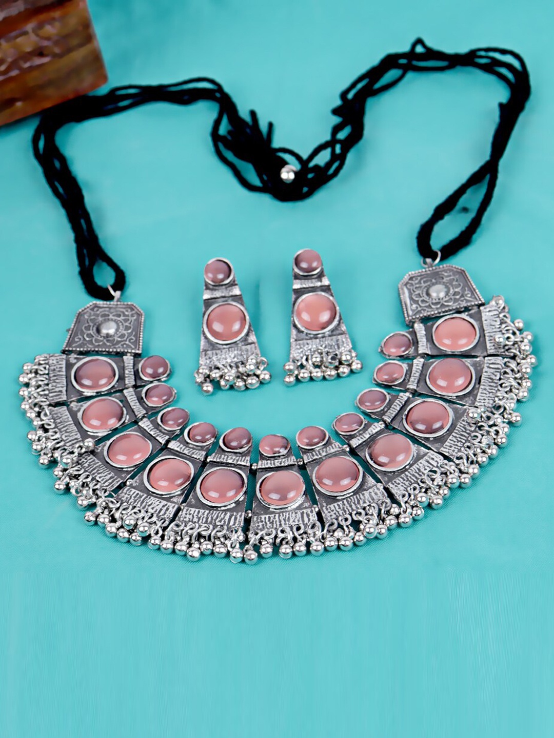 

Krelin Sliver-Plated Stone Studded & Beaded Afghan Style Jewellery Set, Peach