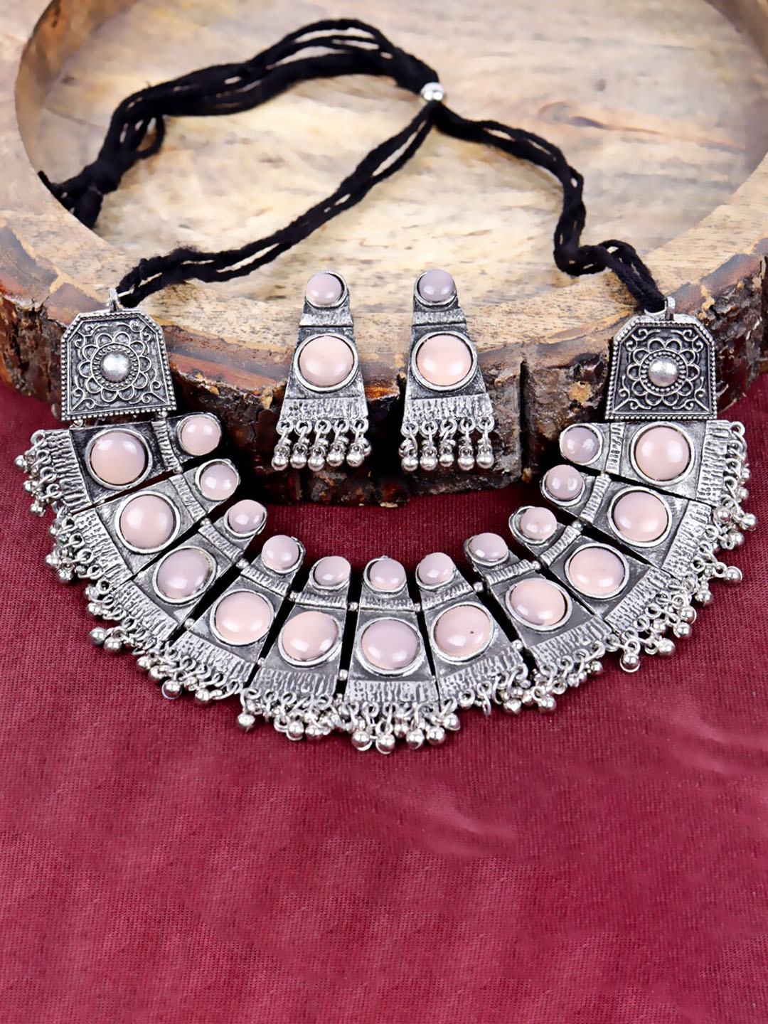 

Krelin Oxidised Silver-Plated Stone Studded & Beaded Afgan Jewellery Set, Pink