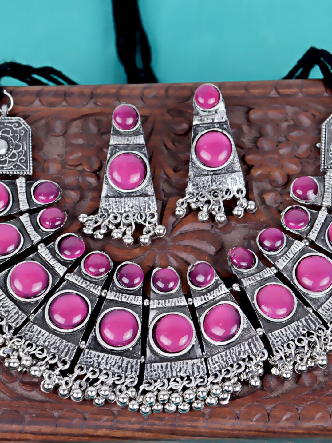 

Krelin Silver-Plated Stones-Studded Oxidised Jewellery Set, Pink