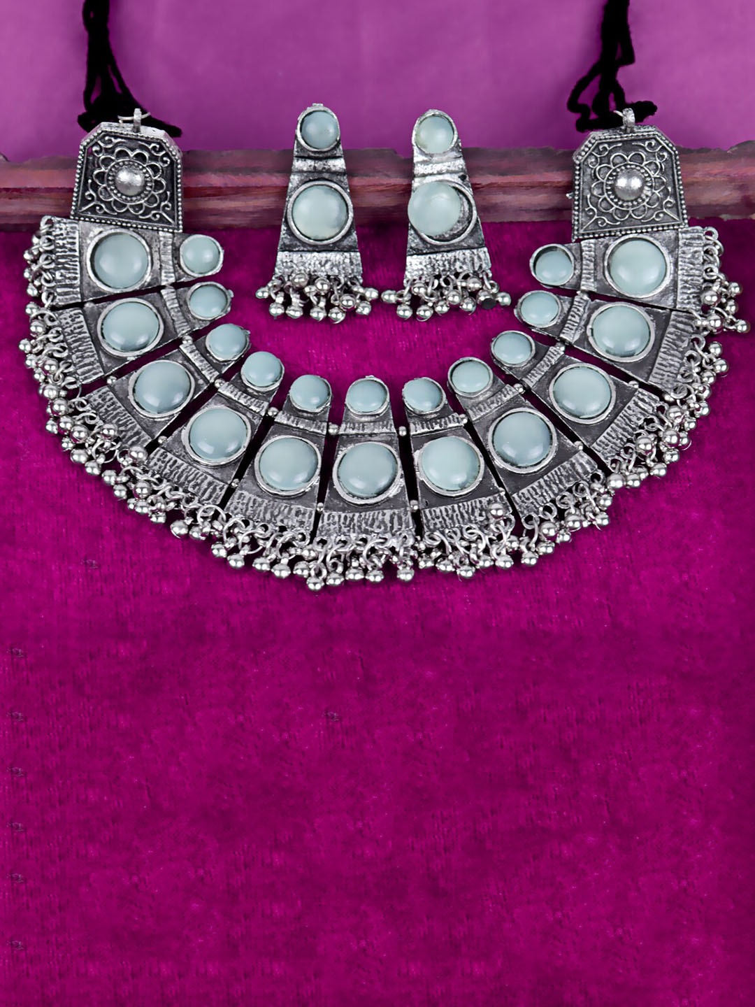 

Krelin Silver-Plated Stone-Studded & Beaded Oxidised Jewellery Set, Sea green