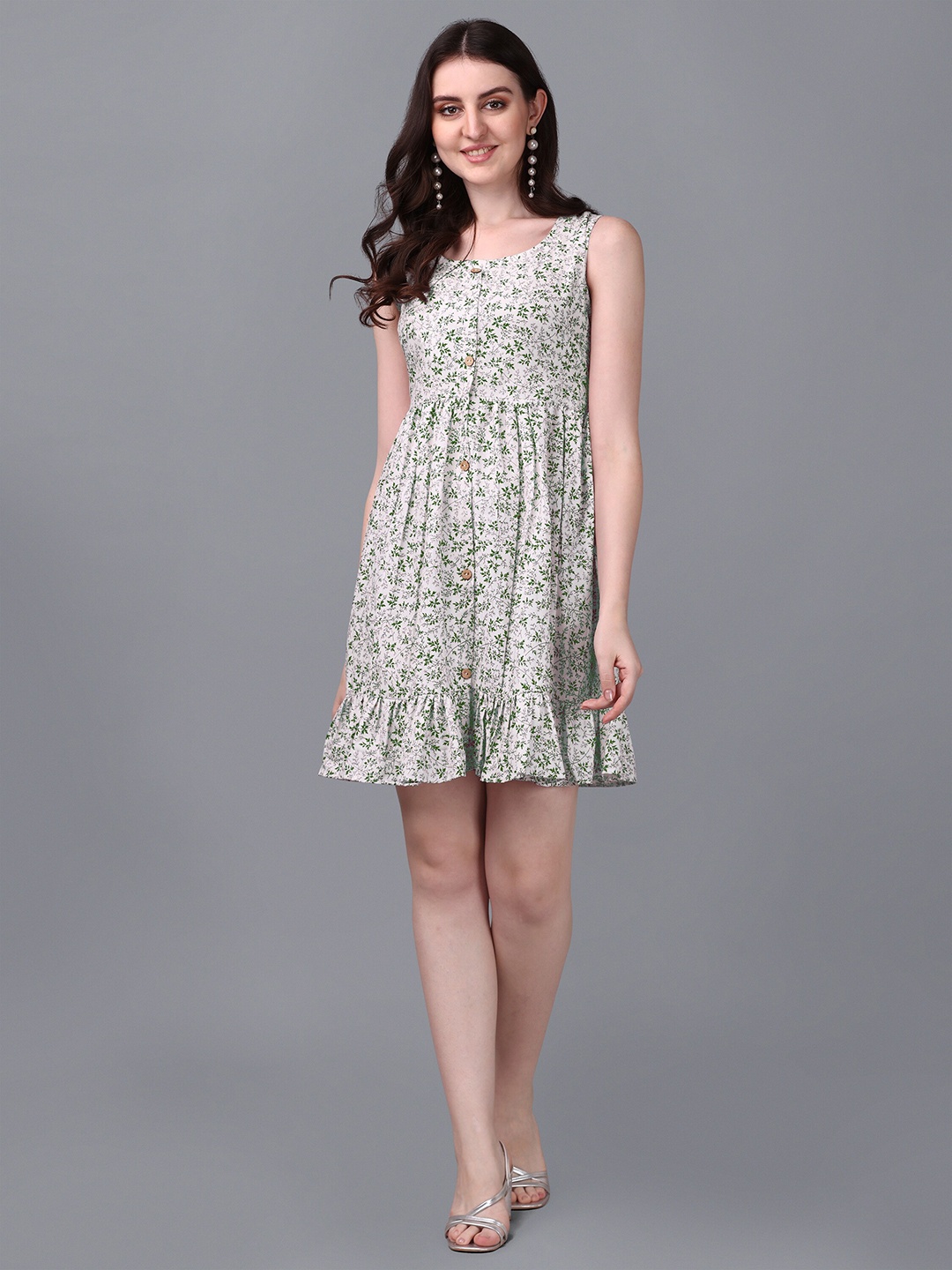 

KALINI Tropical Printed Sleeveless Shirt Style Pure Cotton Dress, Green