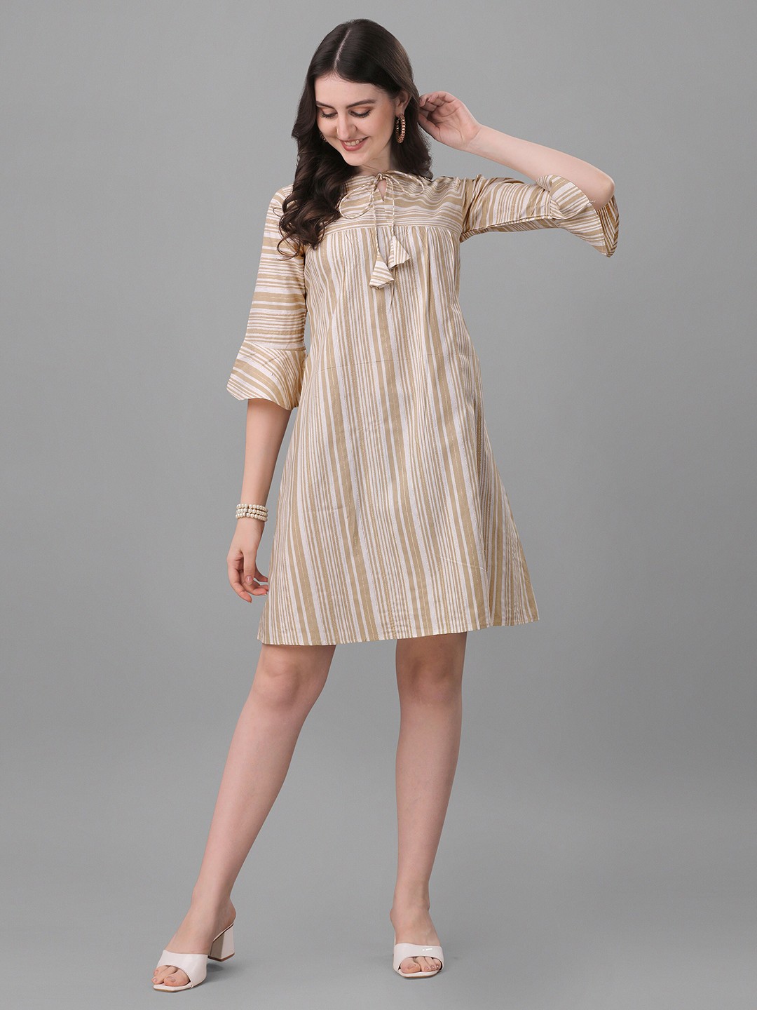 

KALINI Striped Tie-Up Neck Pure Cotton A-Line Dress, Beige