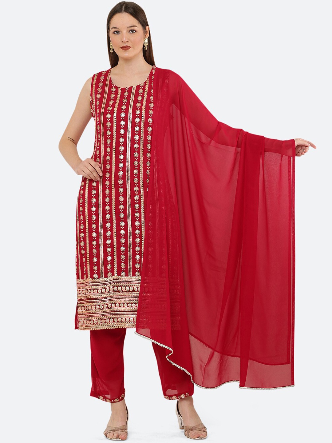 

Ashnaina Embroidered Sequinned Kurta with Salwar & With Dupatta, Red