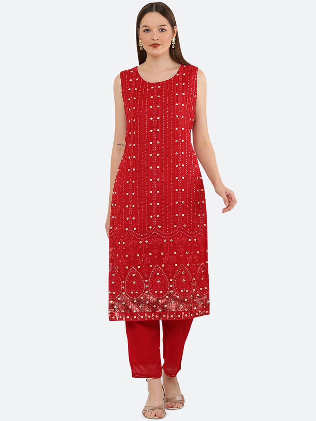 

Ashnaina Embroidered Sleeveless Kurta with Palazzos & Dupatta, Red