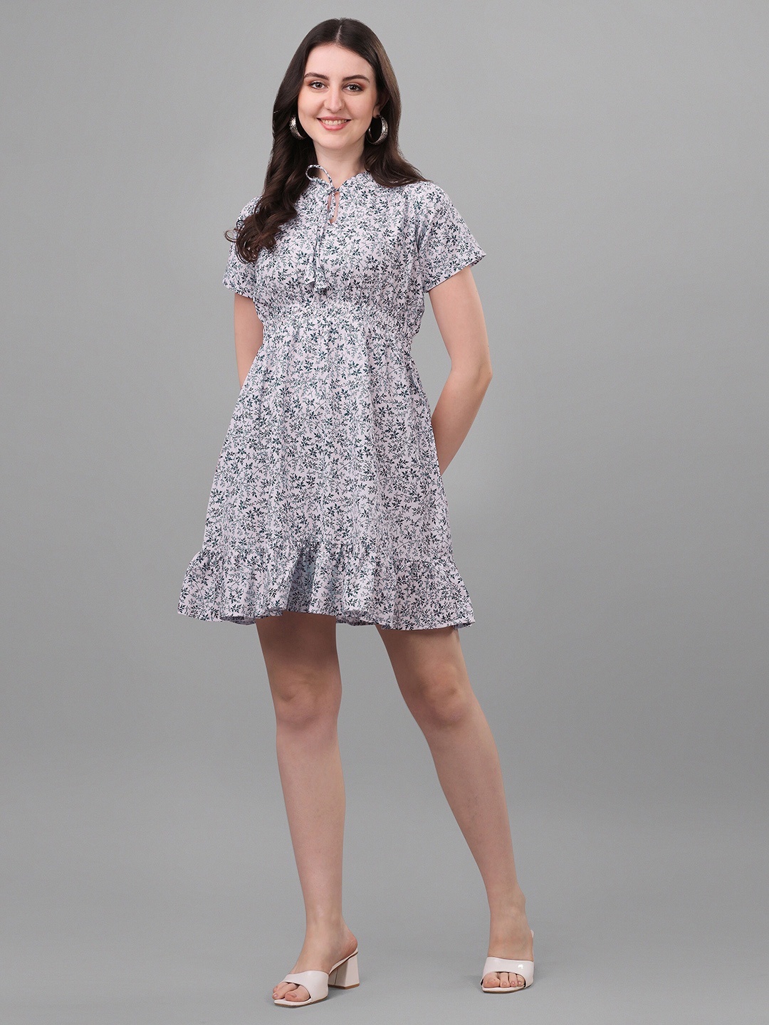 

KALINI Floral Printed Tie-Up Neck Fit And Flare Dress, Blue