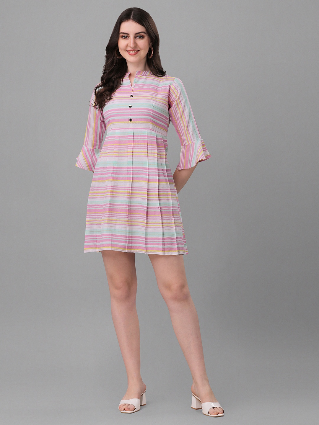 

KALINI Striped Mandarin Collar Bell Sleeves Pure Cotton Dress, Pink