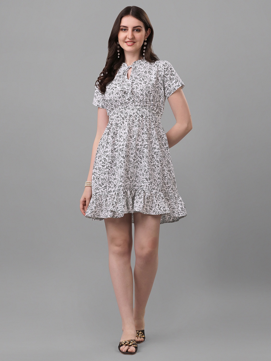 

KALINI Tropical Printed Mock Neck Fit & Flare Pure Cotton Dress, White