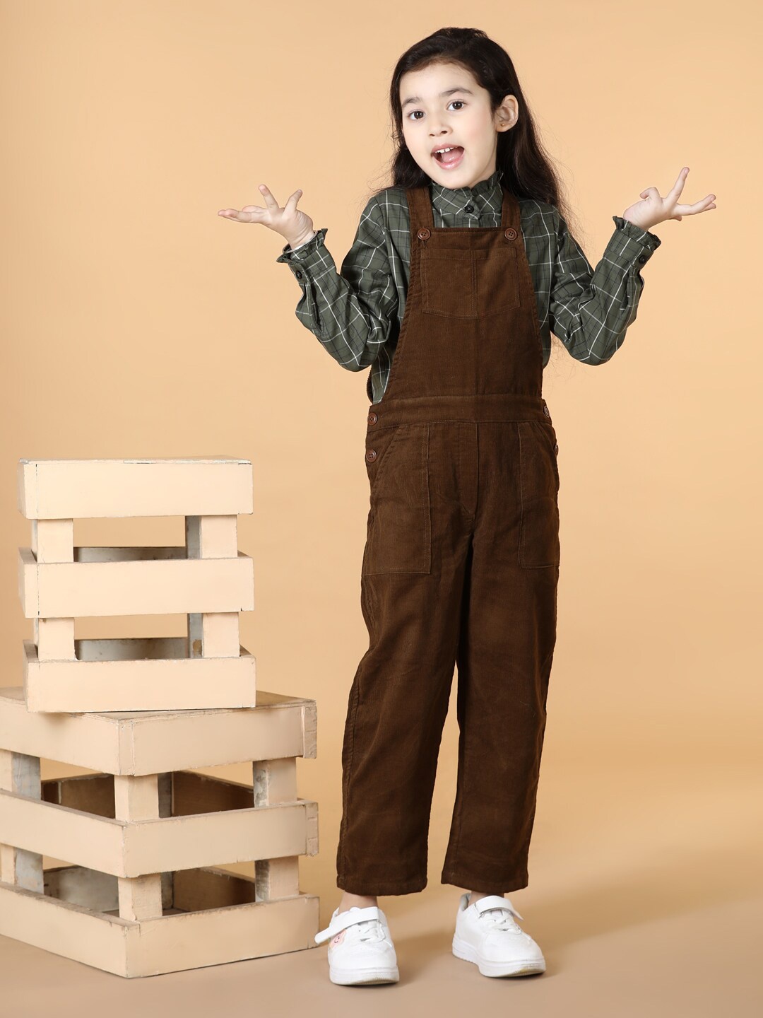 

PICCOLO Girls Checked Top with Corduroy Dungaree Set, Brown
