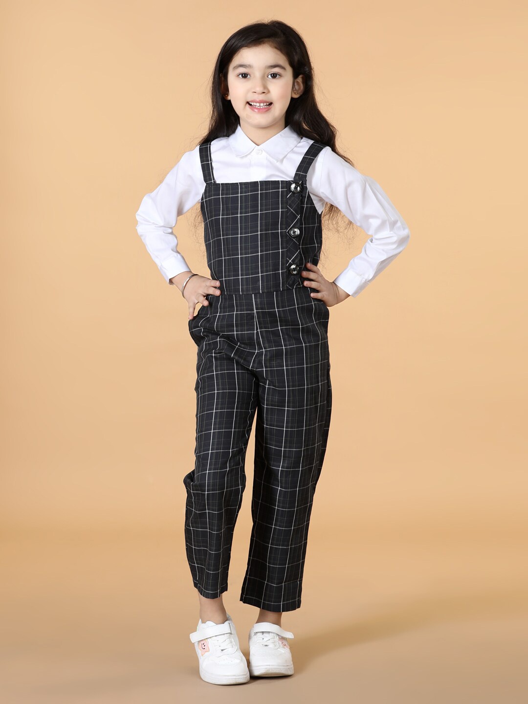 

PICCOLO Girls Top with Checked Dungaree Set, Black