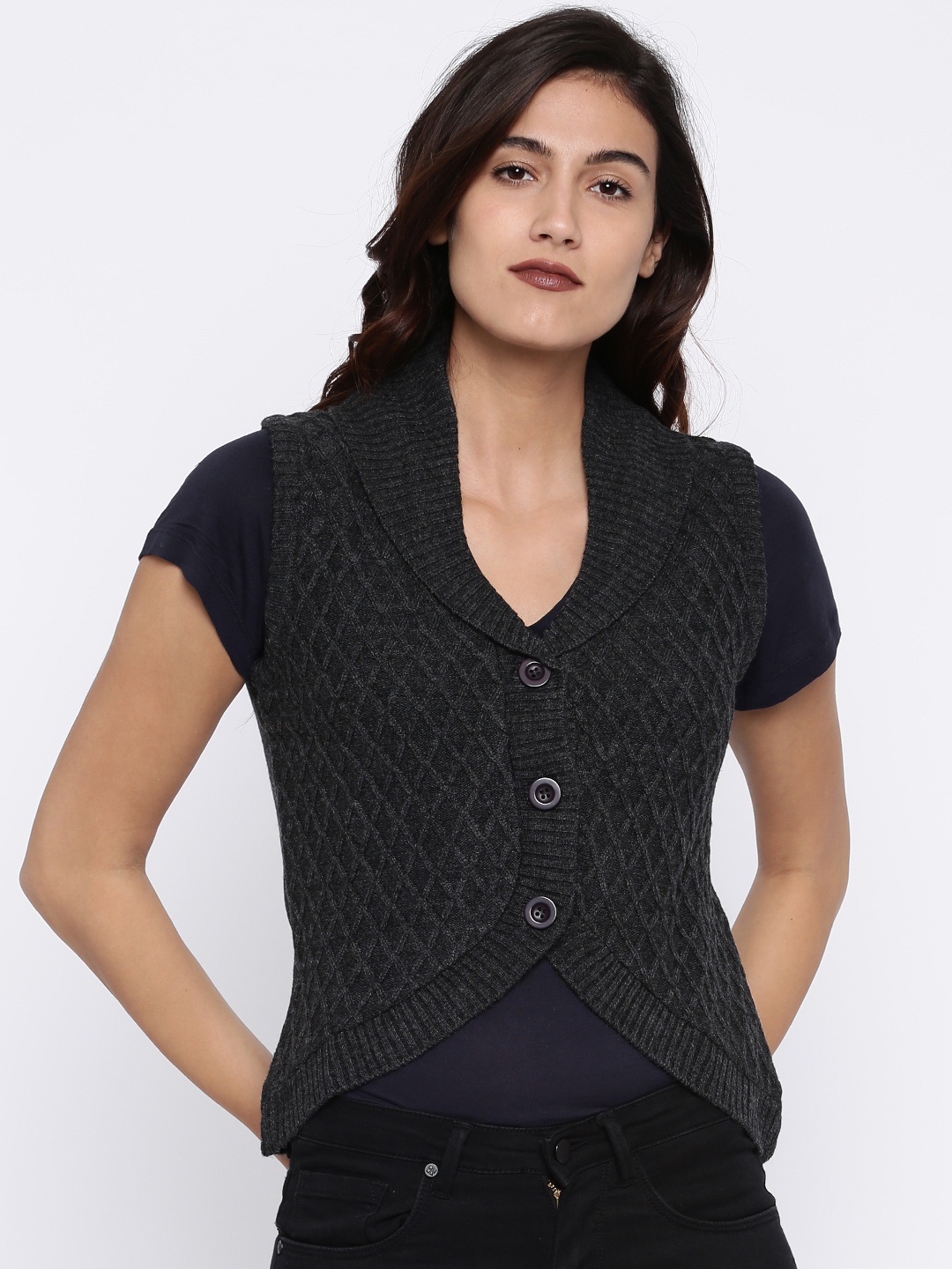 

AURELIA Women Charcoal Grey Self Design Sweater Vest