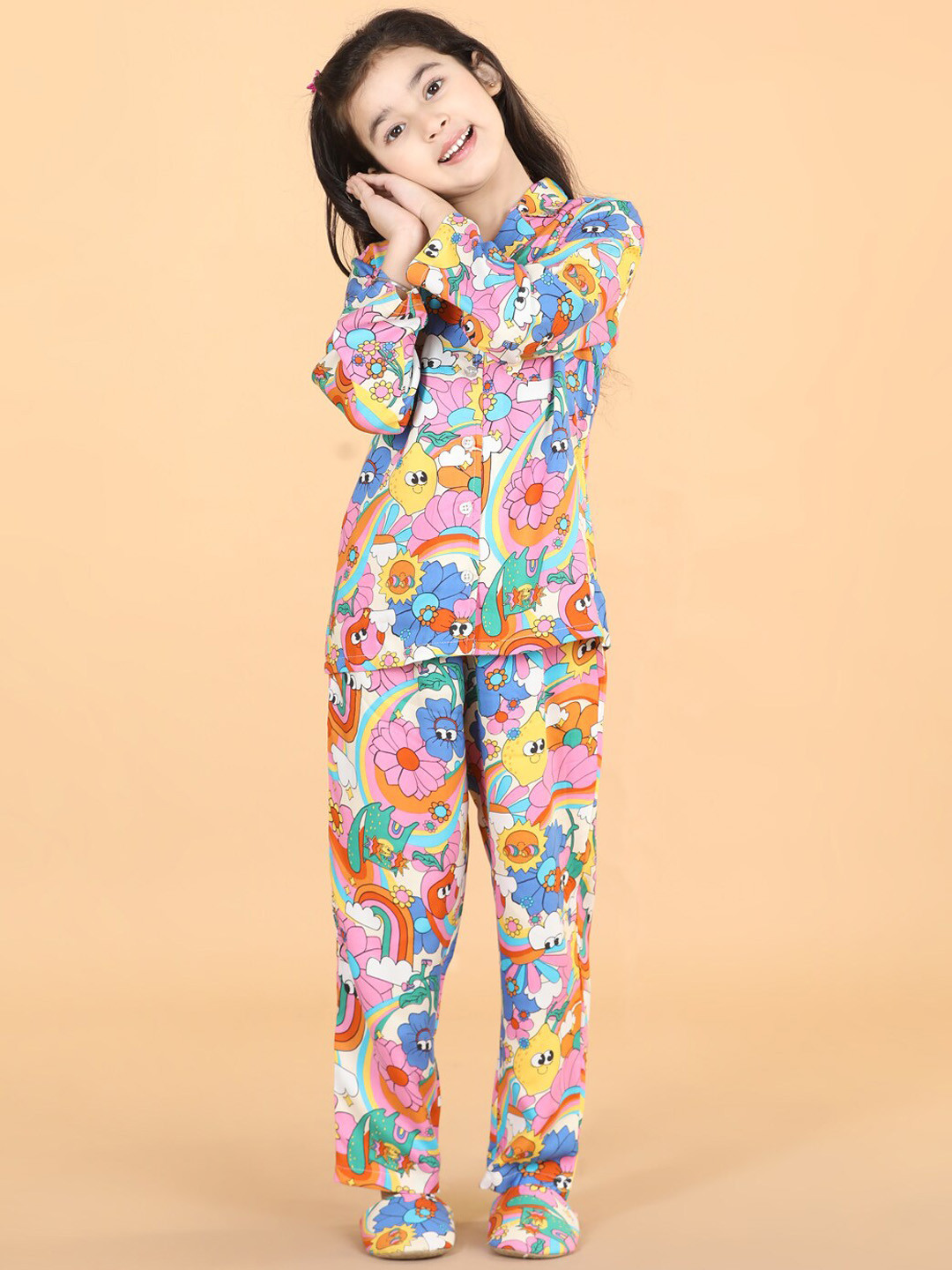 

PICCOLO Girls Floral Printed Pure Cotton Night Suit, Blue