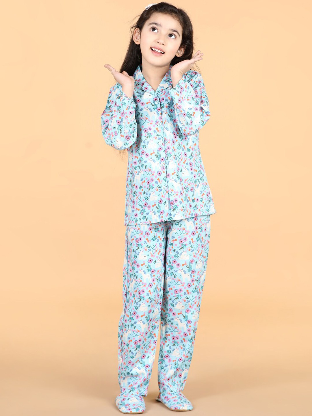 

PICCOLO Girls Floral Printed Pure Cotton Night Suit, Blue