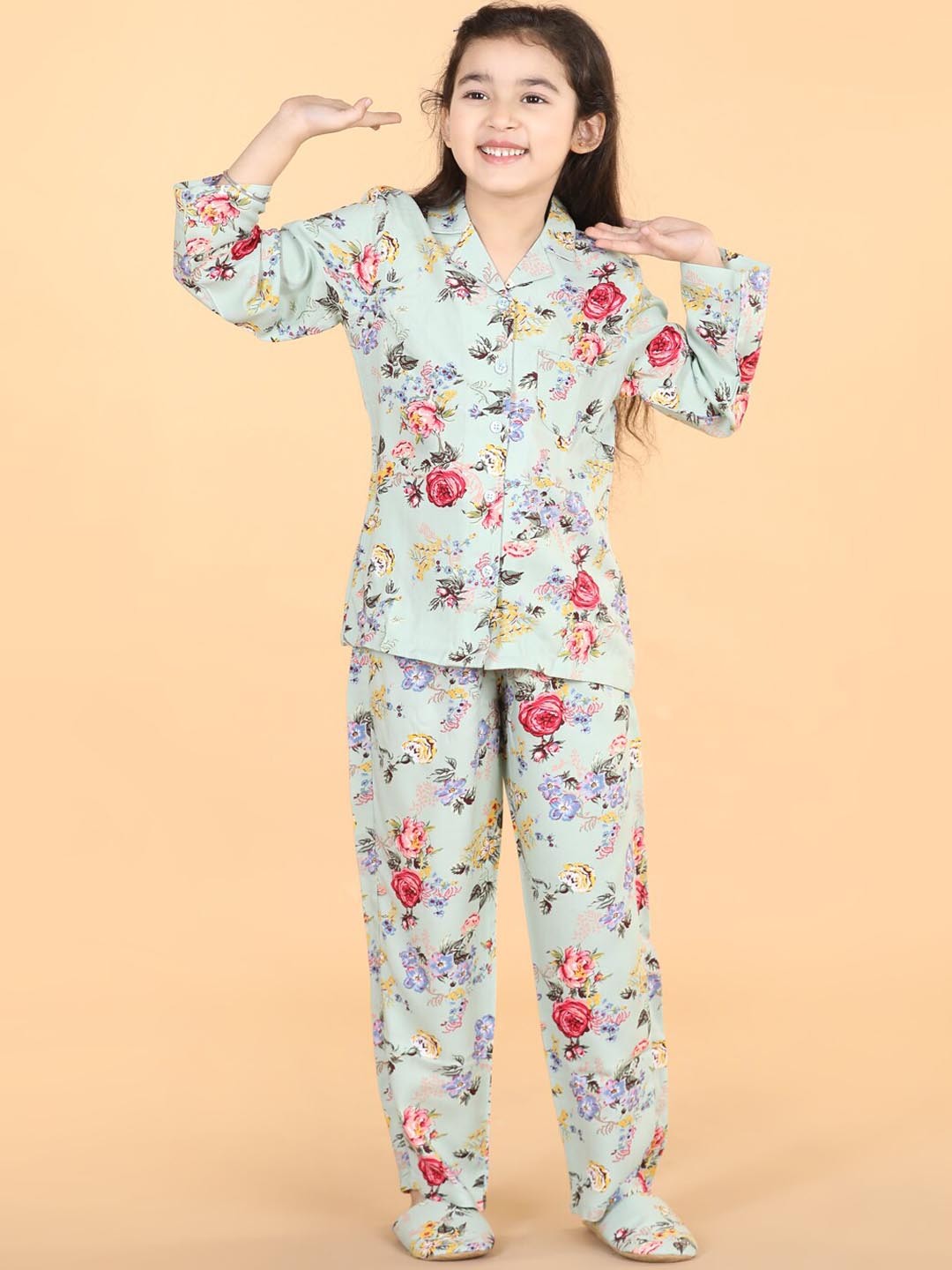 

PICCOLO Girls Floral Printed Night Suit, Green
