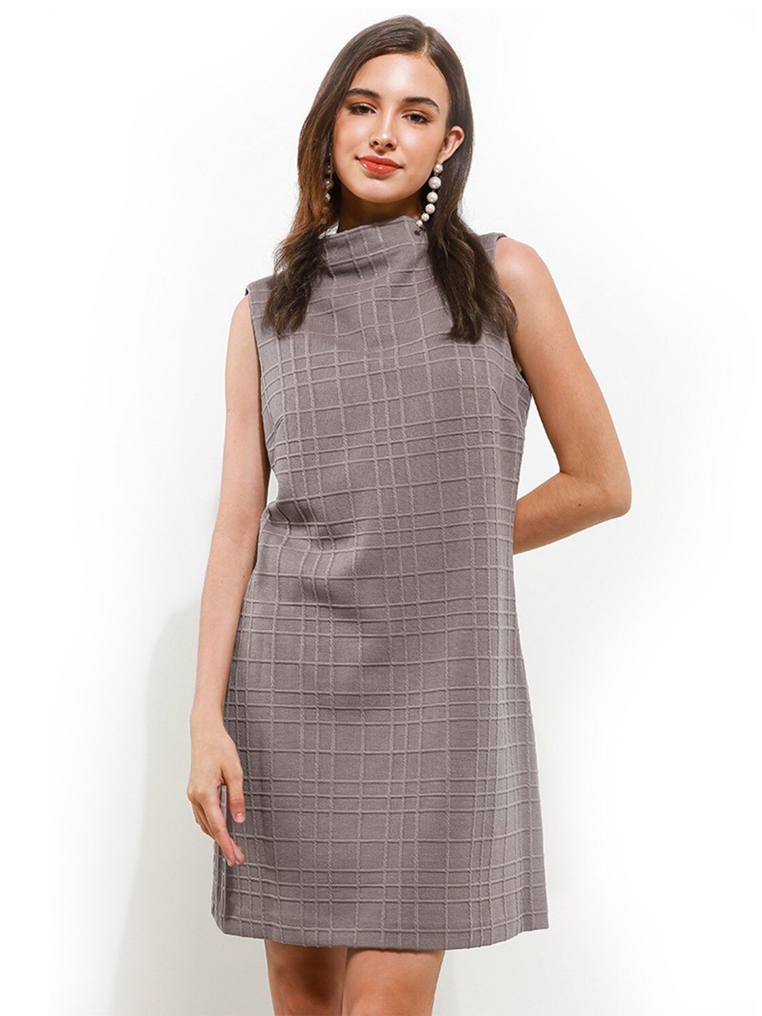 

Chanira La Parezza Self Design Mock Neck A-Line Dress, Taupe