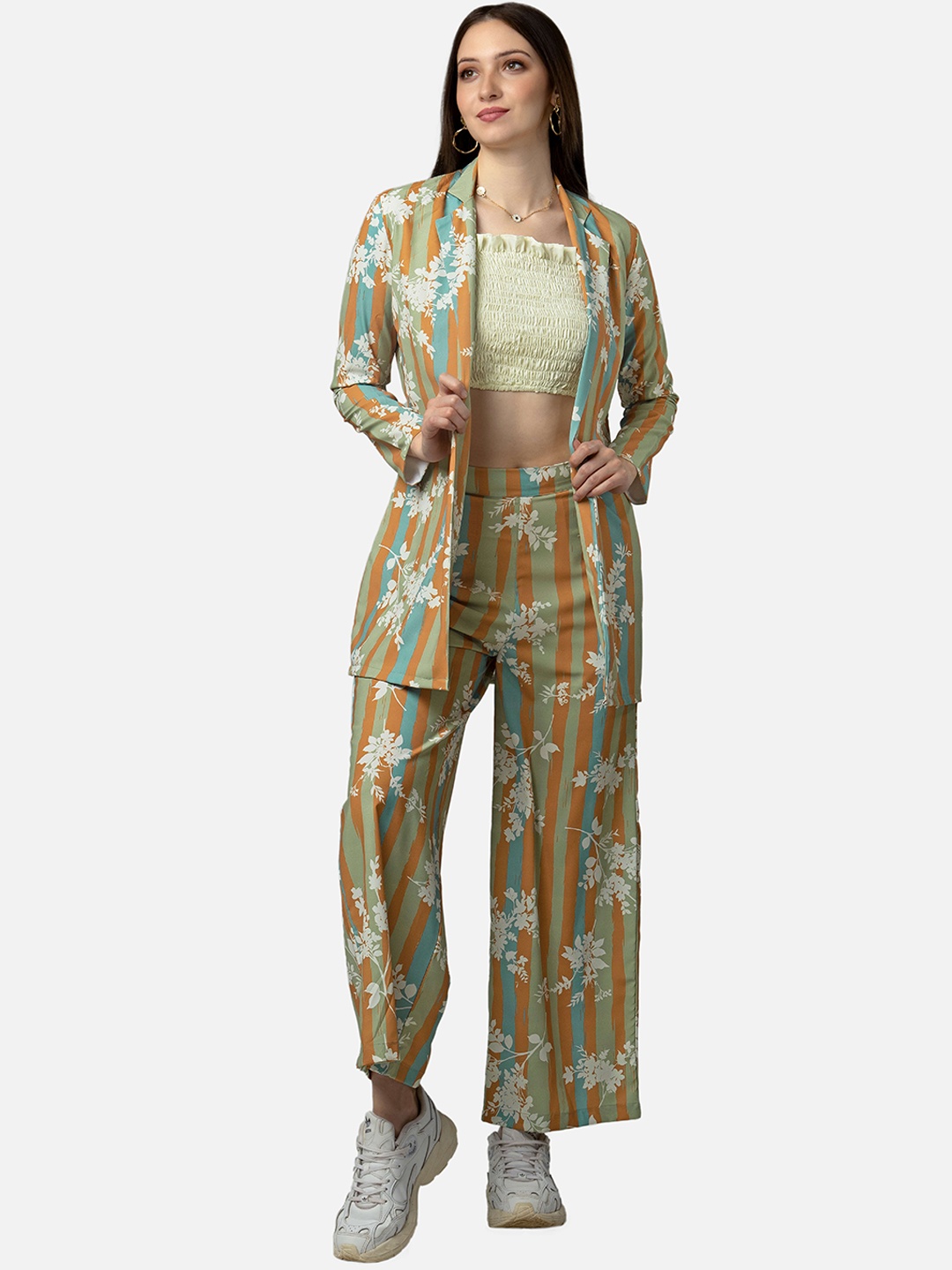 

NEOFAA Women Striped Crop Top With Trouser & With Shrug Co-Ords Set, Green