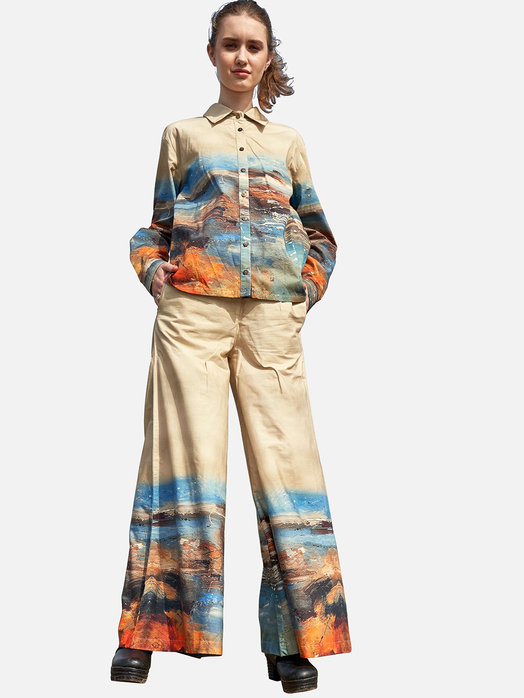 

NEOFAA Women Printed Pure Cotton Shirt with Palazzos Co-Ord Set, Beige