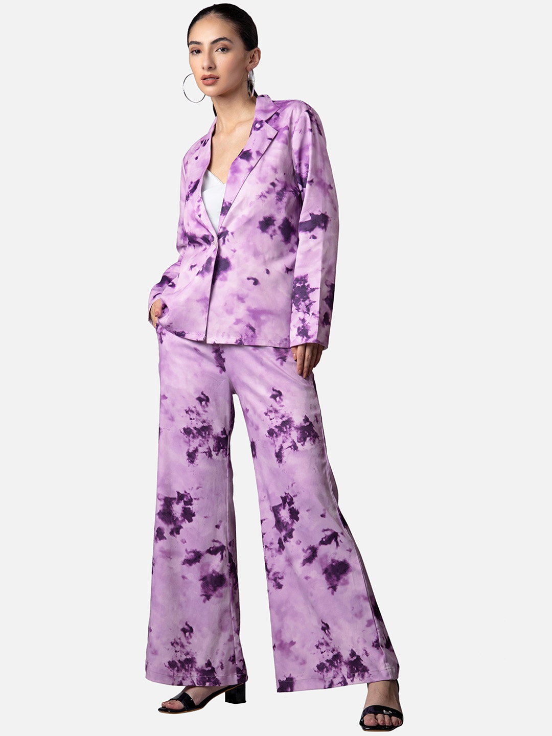 

NEOFAA Women Tie & Dye Printed Blazer with Trouser Co-Ord Set, Purple