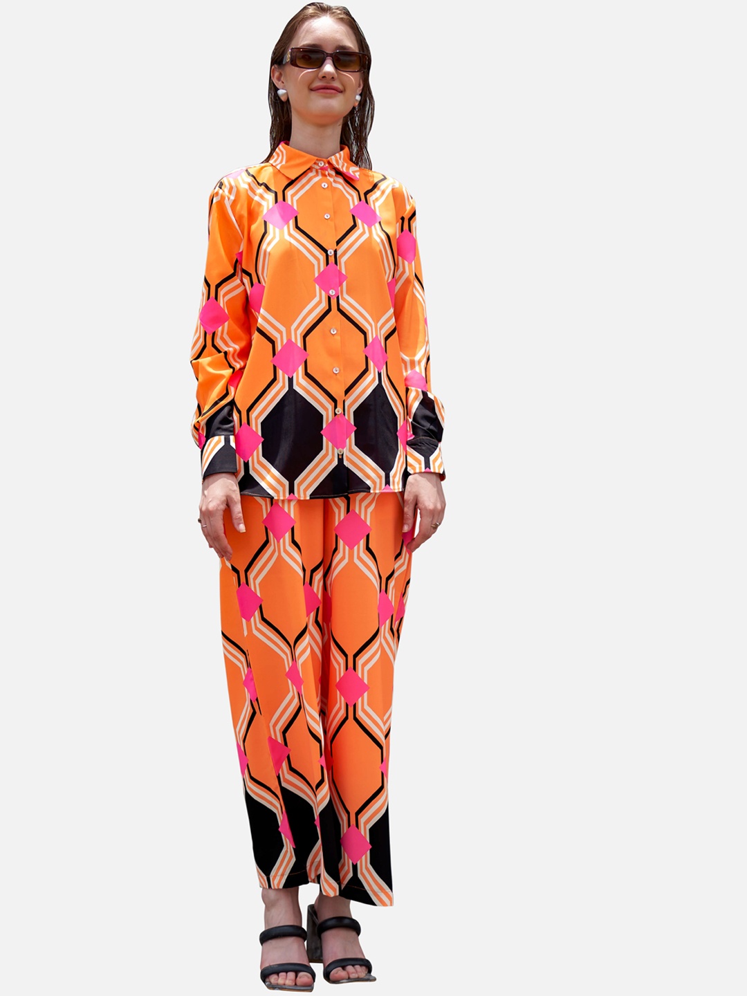 

NEOFAA Women Printed Long Sleeves Shirt With Palazzos Co-Ord Set, Orange