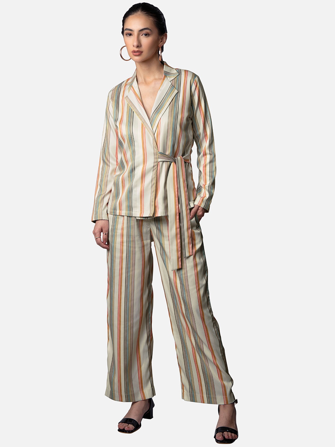 

NEOFAA Women Striped Notched Collar Shirt With Palazzos Co-Ord Set, Cream
