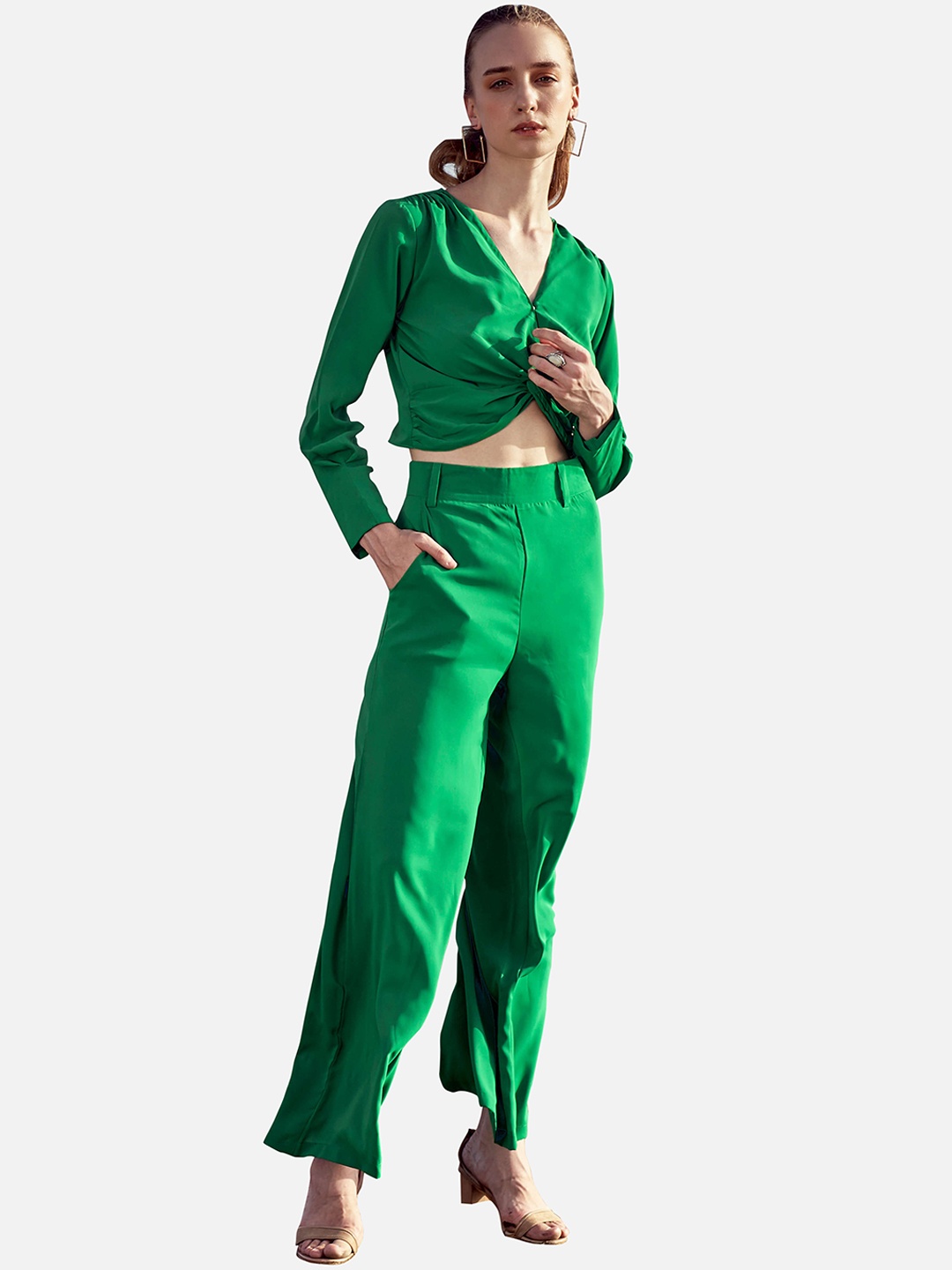 

NEOFAA Women V-Neck Long Sleeves Crop Top and Trouser Co-Ord Set, Green