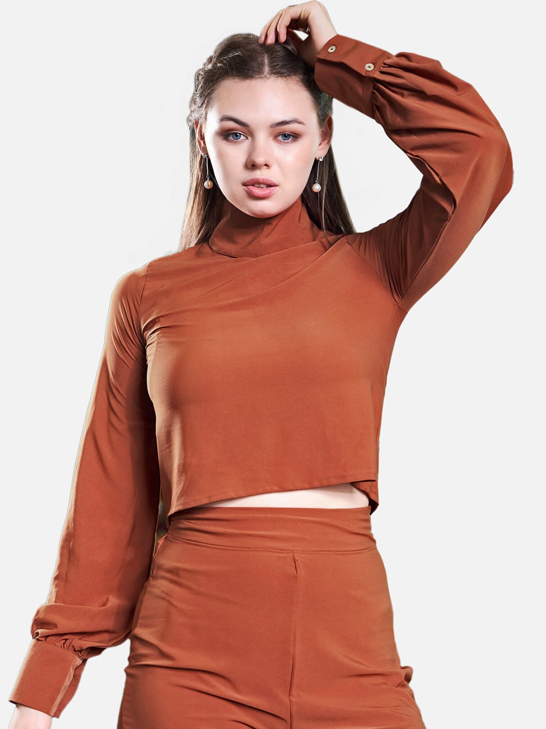 

NEOFAA Women High Neck Top With Trouser Co-Ord Set, Rust