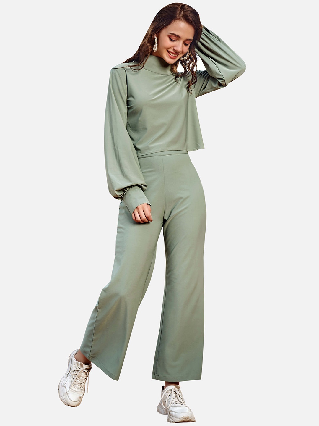 

NEOFAA Women High Neck Top With Trouser Co-Ord Set, Green