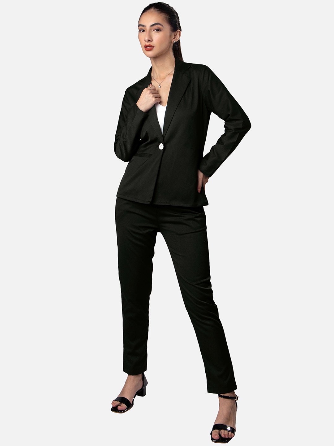 

NEOFAA Women Notched Lapel Collar Coat With Trouser Co-Ord Set, Black